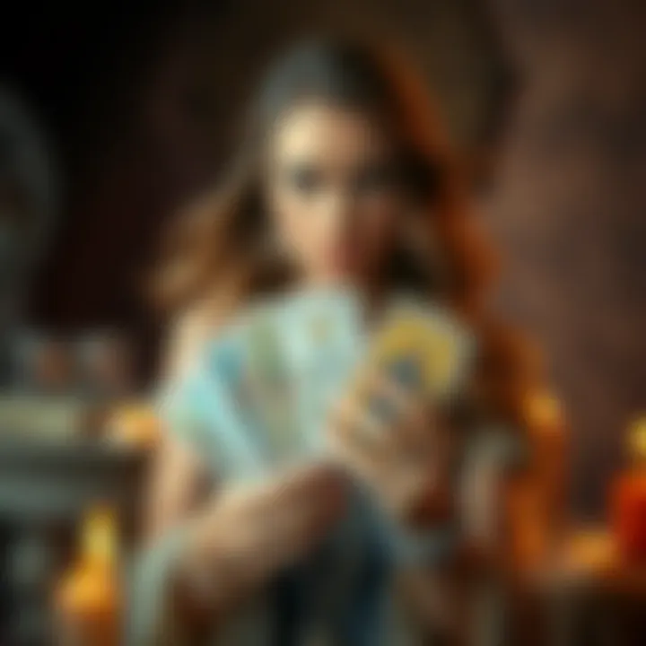 Free Tarot Reading Offer Woman holding tarot cards with a mystical background, inviting people to request free readings