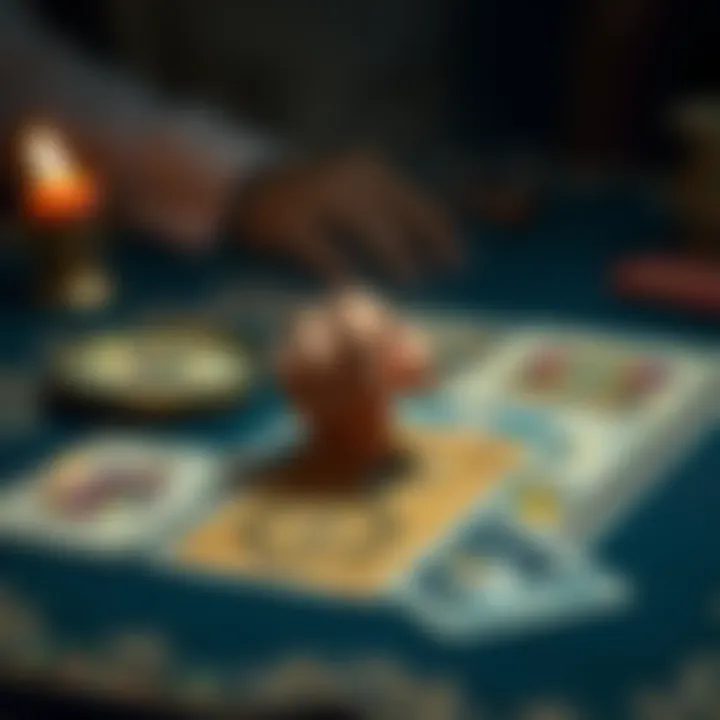 A tarot card spread on a table with a hand reaching for a card, inviting people to participate for feedback.