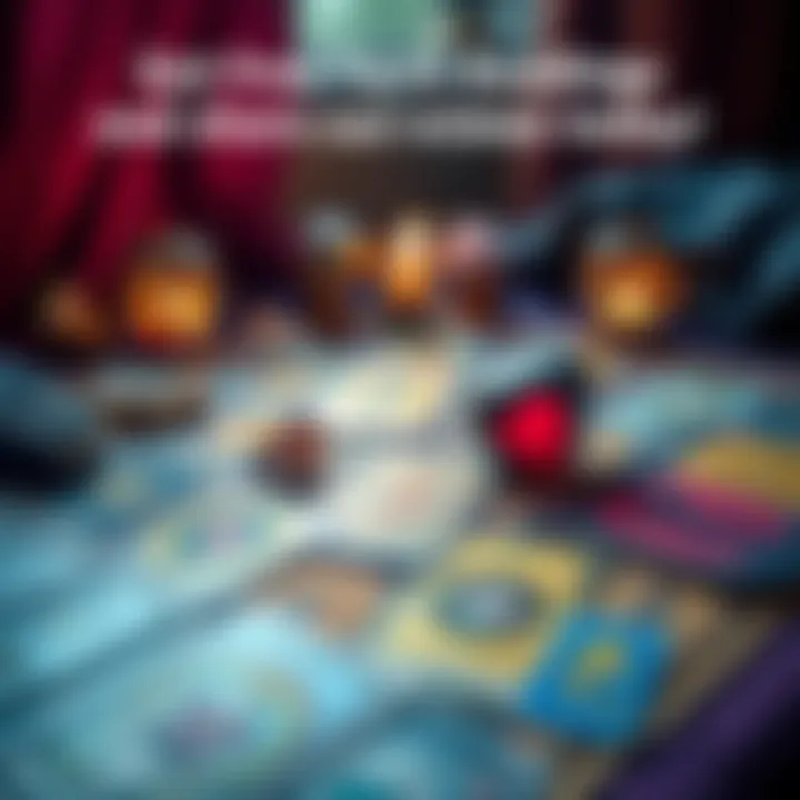 A colorful tarot card spread laid out on a table with a candle and crystals, inviting people to get free readings and share reviews