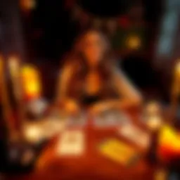 A woman with long hair sitting at a table with tarot cards spread out, smiling and engaging with a spiritual energy, surrounded by candles and crystals.