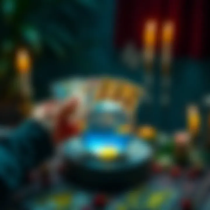 A person holding tarot cards with a crystal ball and candles on a table, creating a mystical atmosphere for a tarot reading.