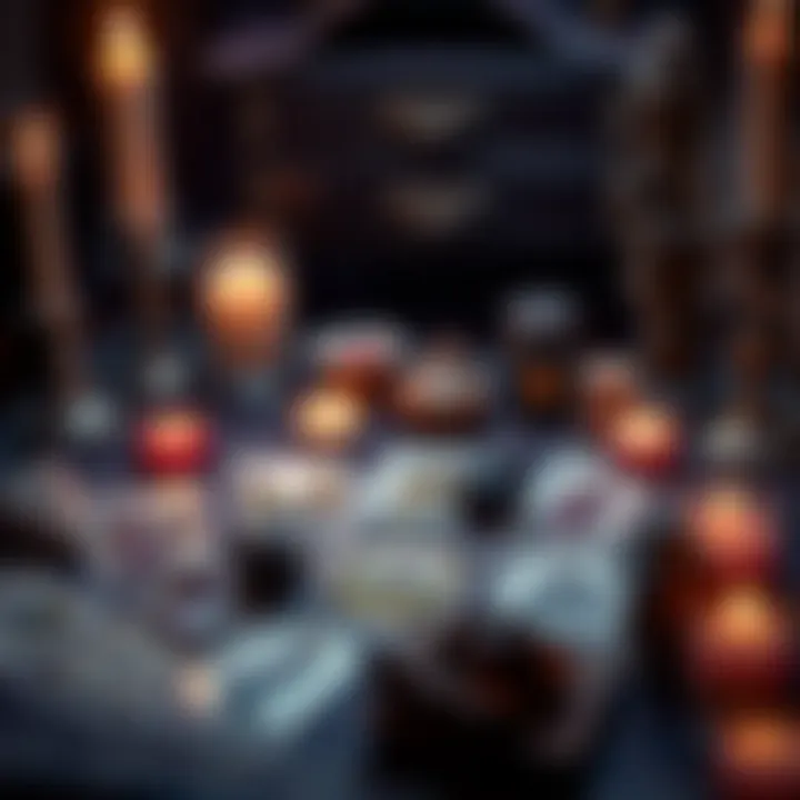 A tarot card spread on a table with candles and crystals, inviting people to join for free readings.