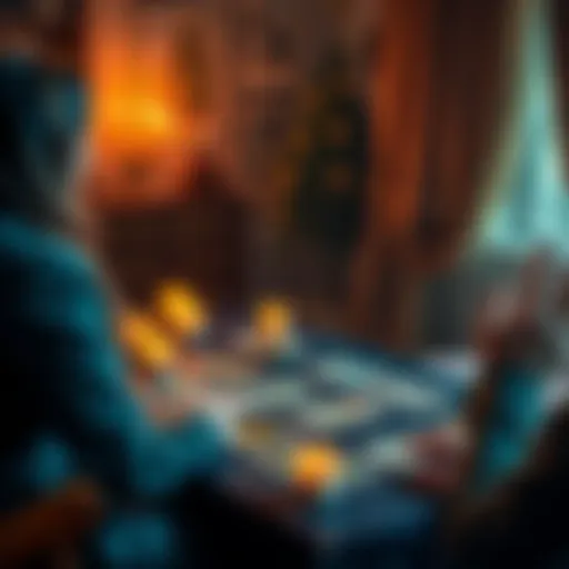 A person sitting at a table with tarot cards spread out, offering a reading to another individual. The atmosphere is calm and inviting, with candles and crystals around.