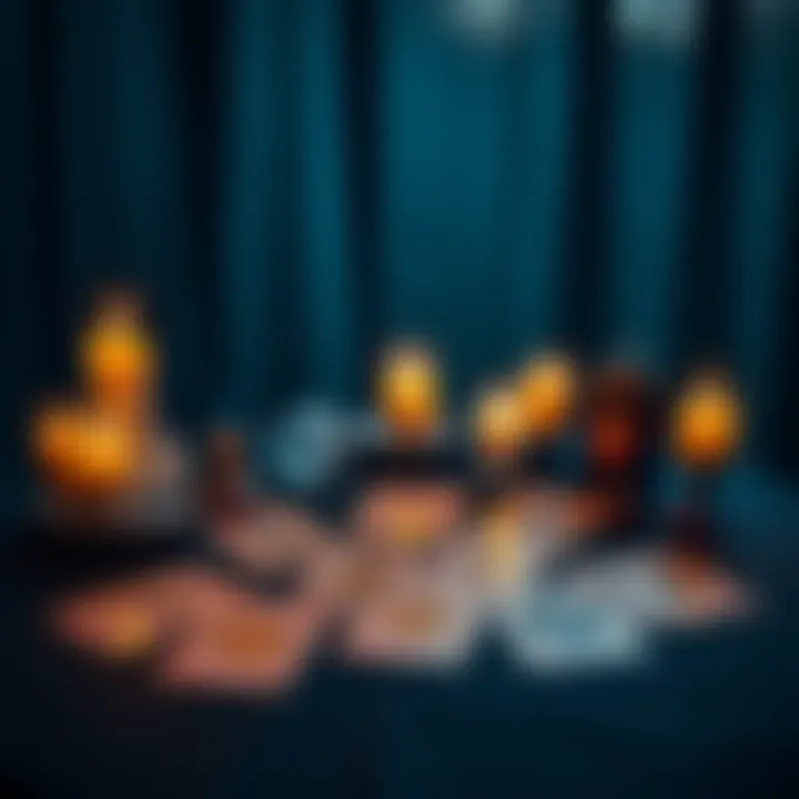 A tarot card spread on a table with candles and crystals, inviting questions from participants.