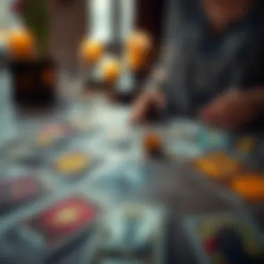 Free Tarot Readings A tarot card spread with colorful cards laid out on a table, inviting people to ask questions for insights.