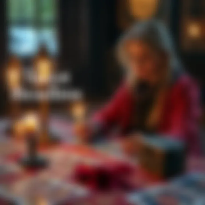 A tarot reader named Jordan offering free mini readings, with tarot cards displayed on a table, inviting people to explore their potential.