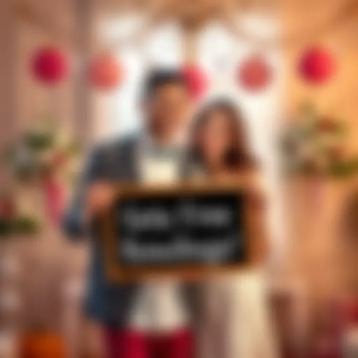 A cheerful couple holding a sign that reads 'Get Free Wedding Readings!' with wedding decorations in the background.