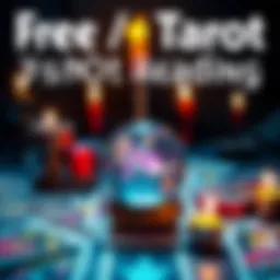 A colorful tarot card spread with a crystal ball and burning candles, inviting people to get free readings and insights.