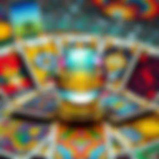 A colorful tarot card spread with a crystal ball, inviting people to ask questions for free readings in comments.