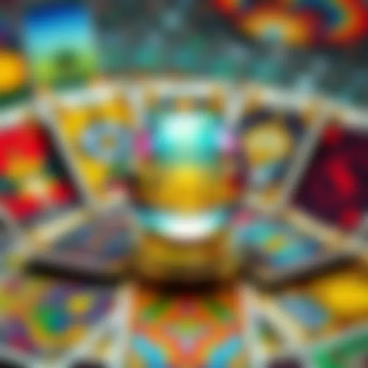 A colorful tarot card spread with a crystal ball, inviting people to ask questions for free readings in comments.