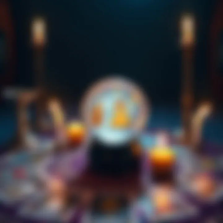 A tarot card spread with a crystal ball and candles, inviting people to ask their questions for a free reading.