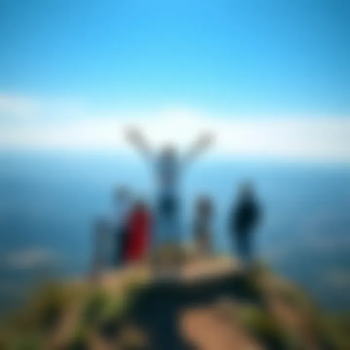 A group of people standing on a hilltop, looking out at a vast landscape symbolizing freedom and choice, with bright blue skies overhead.