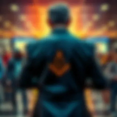 Freemason wearing emblem A Freemason proudly wearing a jacket with Masonic symbols, standing in a public space, facing negative remarks from onlookers.