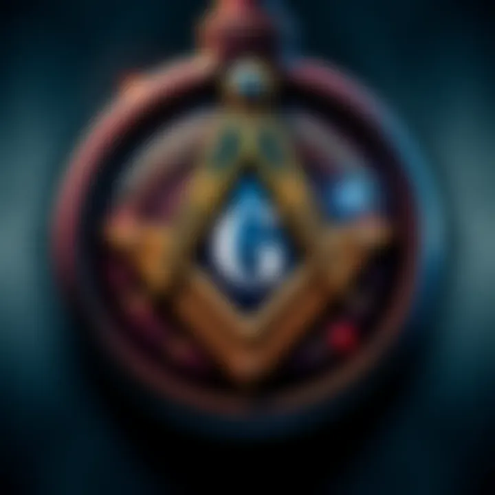 A detailed illustration of a Freemason emblem featuring a square and compass with a letter 'G' in the center, symbolizing the values of Freemasonry.