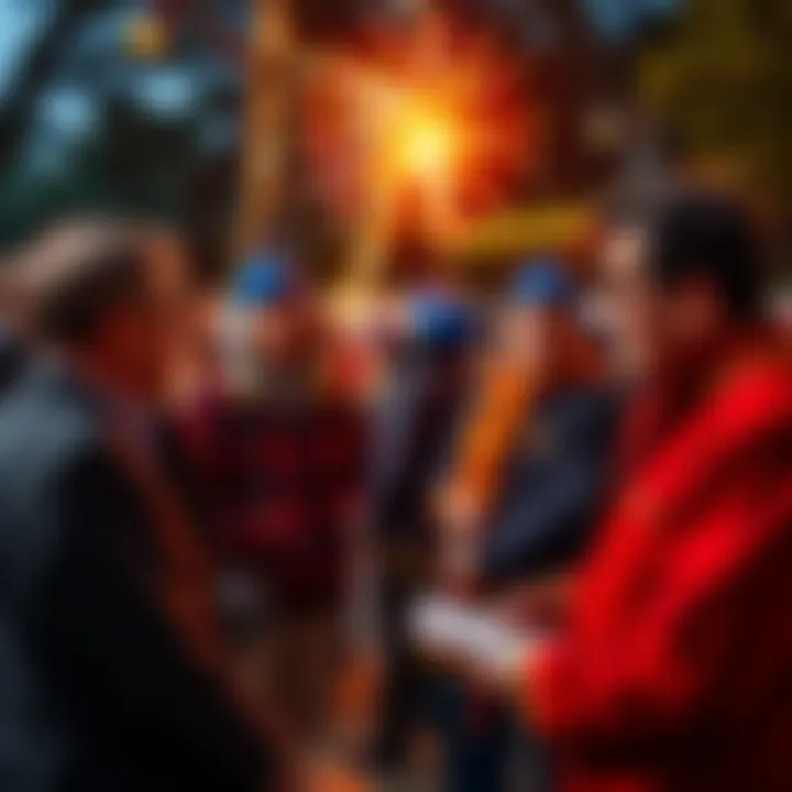 A group of Freemasons engaging with community members at an outdoor event, sharing experiences and promoting mental health advocacy.