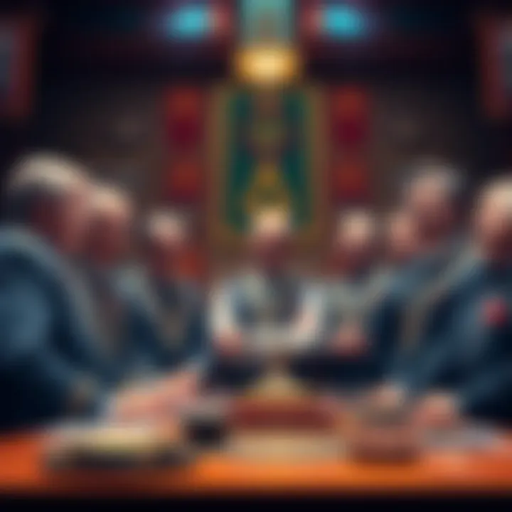 A group of men in formal attire participating in a Freemason lodge meeting with symbols and banners in the background