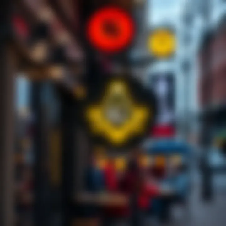 A restaurant sign displaying a Freemason symbol, with a view of the restaurant's exterior and people dining outside.