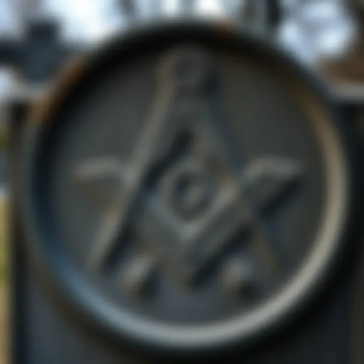 A close-up of a Freemason symbol engraved on an old grave in Lacolle, QC, featuring intricate designs from 1858.