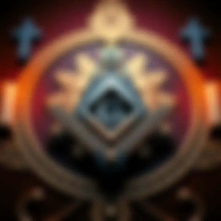 A close-up of freemason symbols, including the square and compass, displayed on a ceremonial backdrop