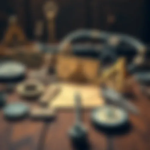 A collection of Freemason symbols and tools displayed on a wooden table, reflecting the curiosity about Masonic degrees