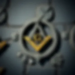 A close-up of Freemason symbols on a stone wall, showing the square and compass emblem, symbolizing the organization's values and history.