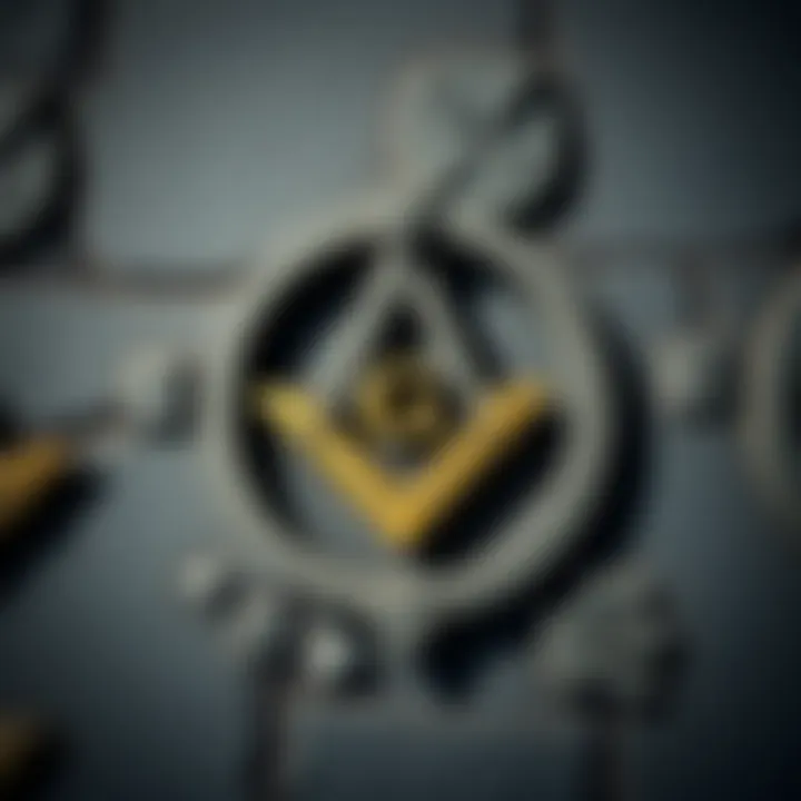 A close-up of Freemason symbols on a stone wall, showing the square and compass emblem, symbolizing the organization's values and history.