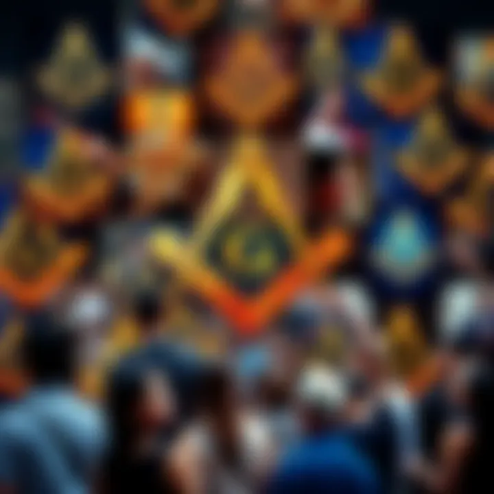Freemason Symbols and Society A collage of Freemason symbols like the square and compasses, with images of people discussing in a public setting, showcasing their influence on society.