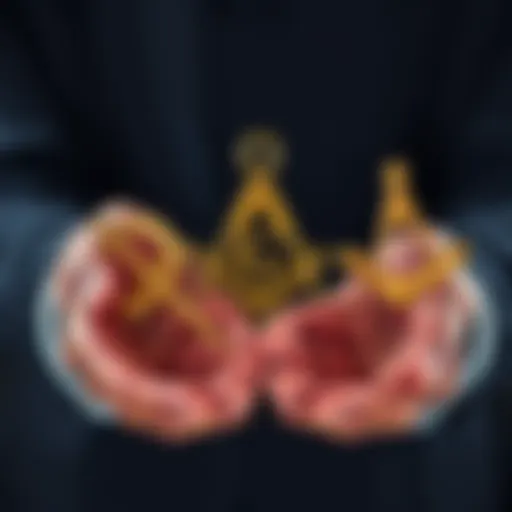 Hands holding Freemason symbols with a thoughtful expression