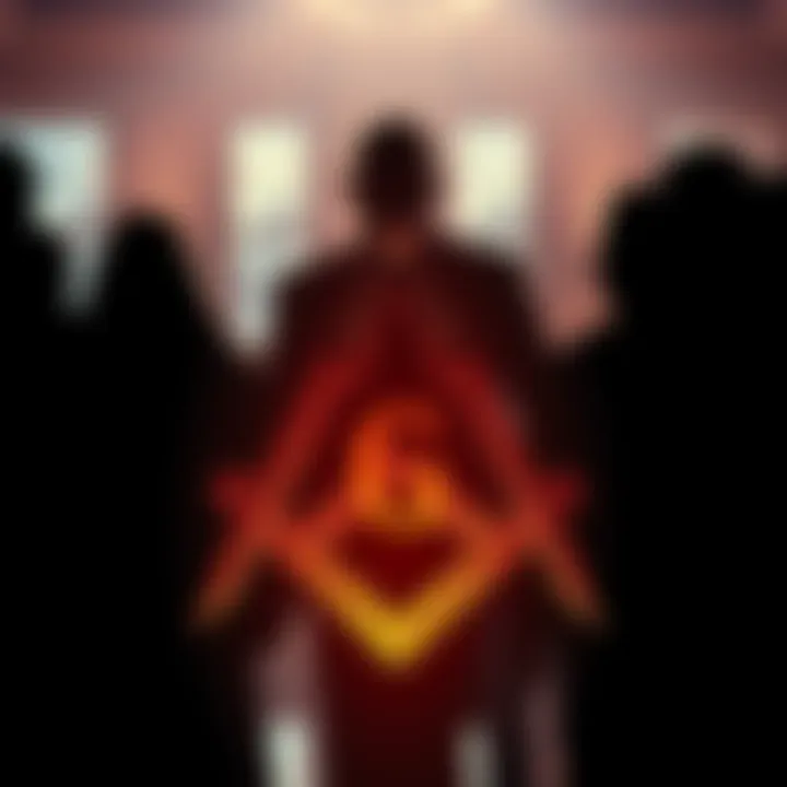An illustration showing Freemason symbols surrounded by blurred shadows of people, suggesting secrecy and hidden agendas.