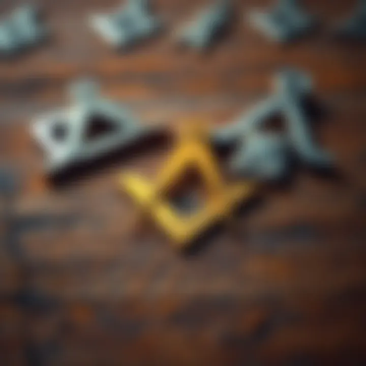 A close-up of Freemason symbols such as the square and compass on a rustic wooden background