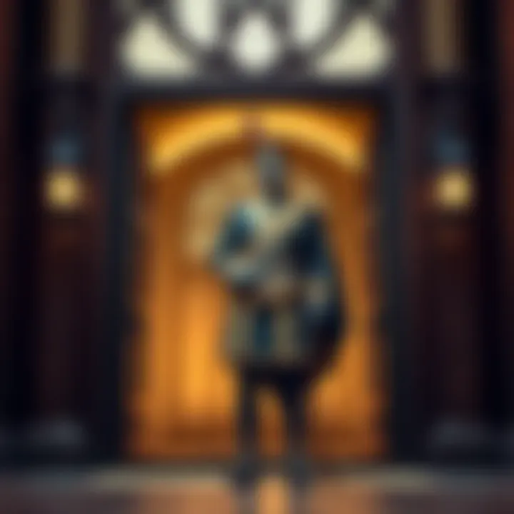 A Freemason Tyler standing guard at the entrance of a lodge, symbolizing protection and secrecy in society.