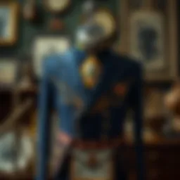A vintage Freemason uniform displayed on a mannequin, showcasing its intricate details and symbols, with a backdrop of old family photos and historical artifacts.