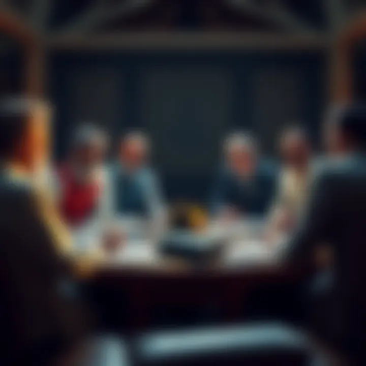 A group of Freemasons engaged in a discussion around a table with books and materials related to Freemasonry.