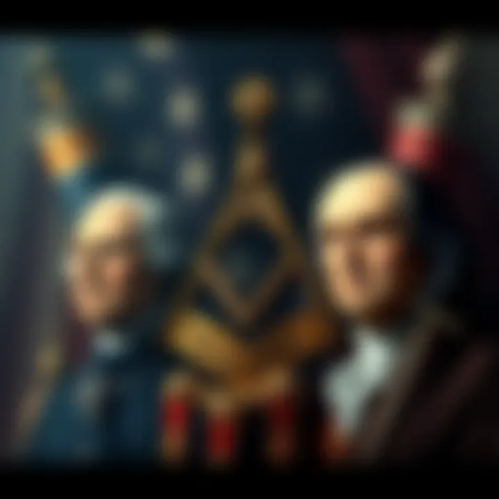 Freemasonry and America's Founding Fathers A depiction of iconic symbols of Freemasonry alongside portraits of George Washington and Benjamin Franklin, highlighting their connection to early American history.