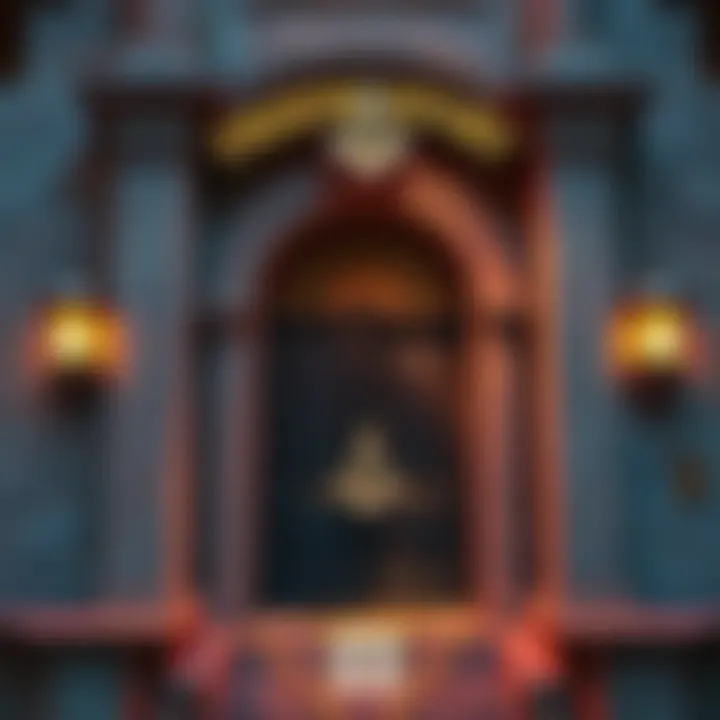 A welcoming entrance of a Freemasonry lodge with symbols and a door open, inviting new members to explore