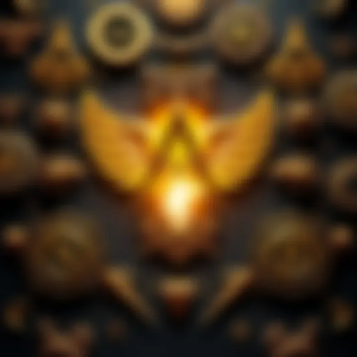 A collection of Freemasonry symbols, featuring a representation of Lucifer as a figure of light, surrounded by Masonic emblems and a higher power motif.