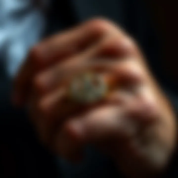 A close-up of a freemasonry ring worn on a hand, showcasing its intricate design and symbolism.