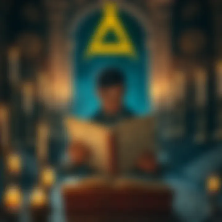 A person reading ancient texts while surrounded by Masonic symbols and candles, reflecting on personal spirituality.