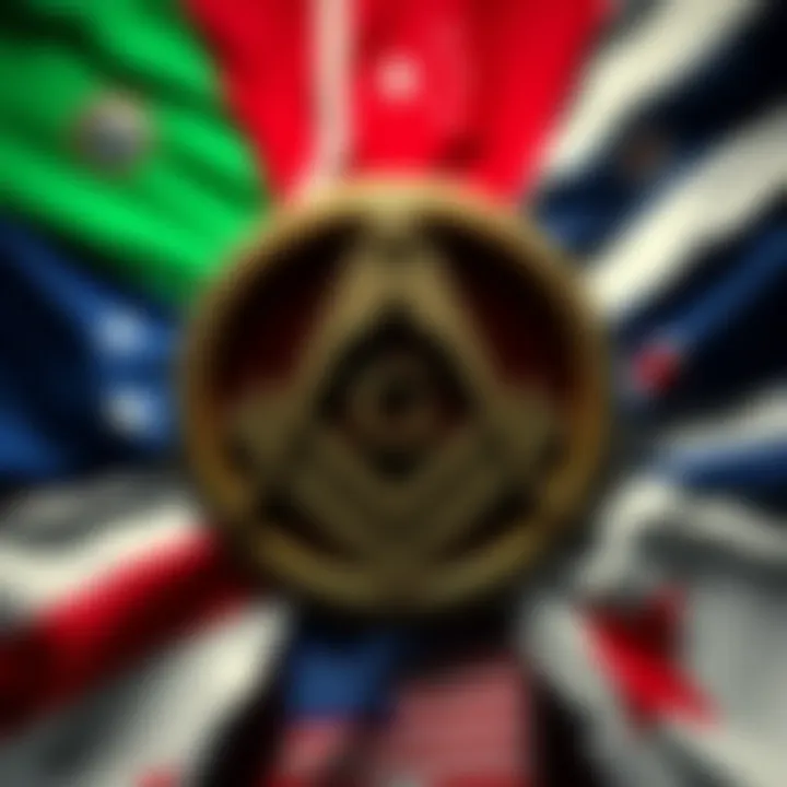 Freemasonry Symbol with State Flags A Freemasonry symbol surrounded by various state flags representing different regulations on demittance.