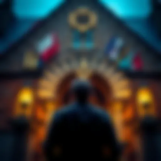 A man standing in front of a Freemason lodge, contemplating the symbols and history of Freemasonry, with a thoughtful expression.