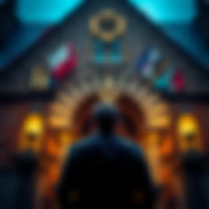 A man standing in front of a Freemason lodge, contemplating the symbols and history of Freemasonry, with a thoughtful expression.