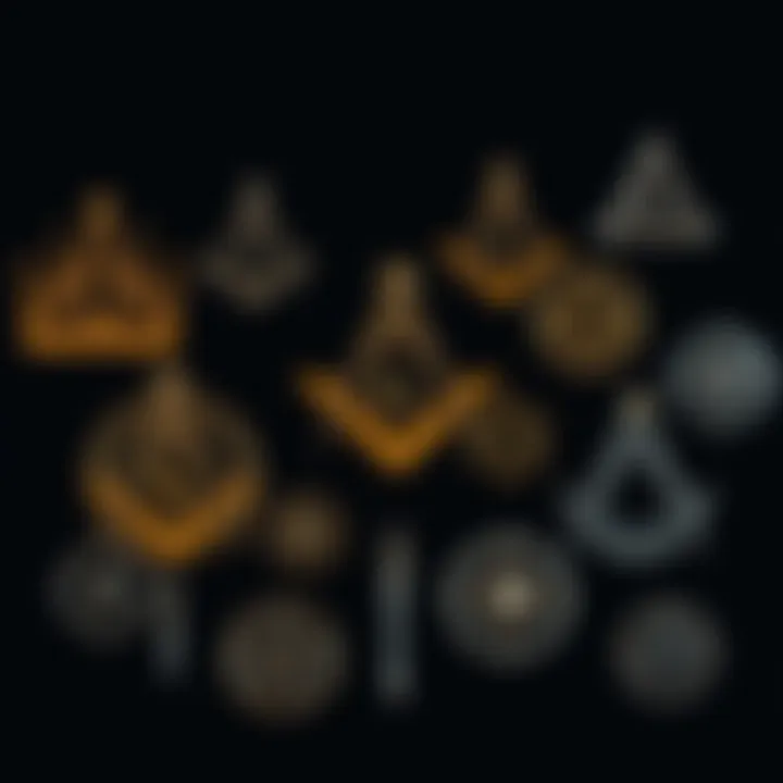 A collection of Freemasonry symbols against a dark background, showcasing the square, compass, and other esoteric images.