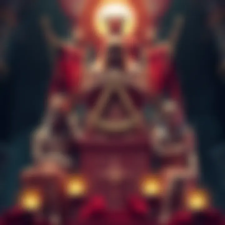 A depiction of Freemasonry symbols with ancient worship imagery, including Baal, Osiris, and Tammuz figures surrounding a Masonic emblem.