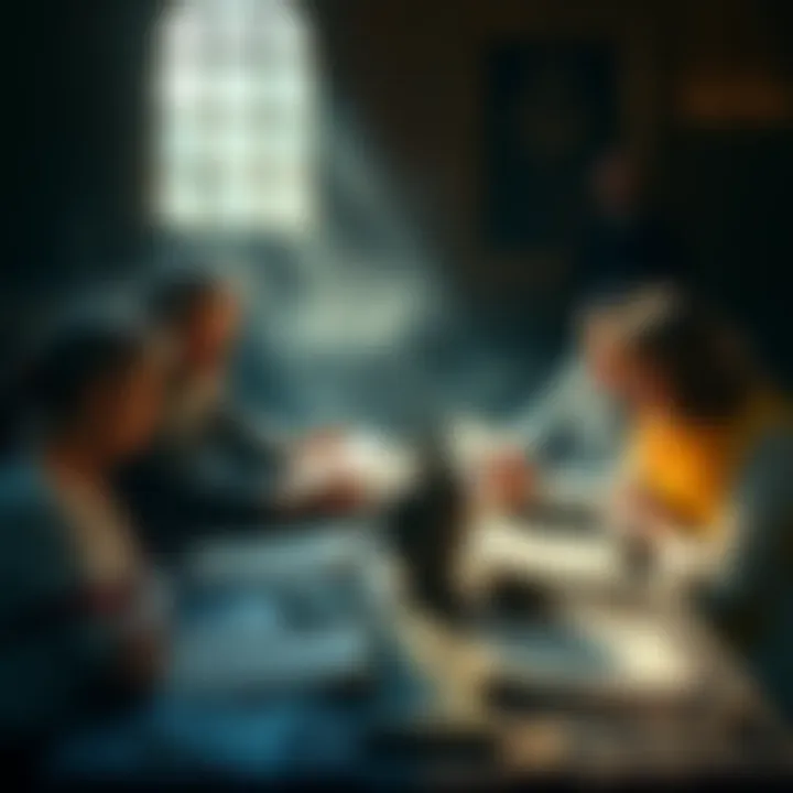 A family gathered around an old table with masonic symbols and religious texts, discussing their heritage and secrets.