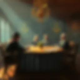 A group of freemasons gathered around a table discussing their values and traditions.