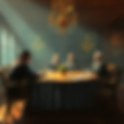 A group of freemasons gathered around a table discussing their values and traditions.
