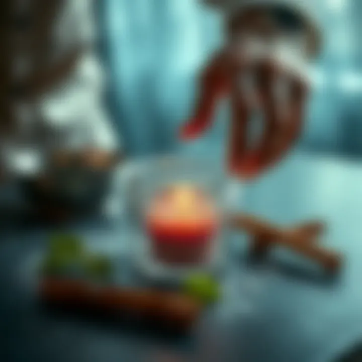 A person disposing of a freezer spell container with bay leaves and cinnamon nearby on a table