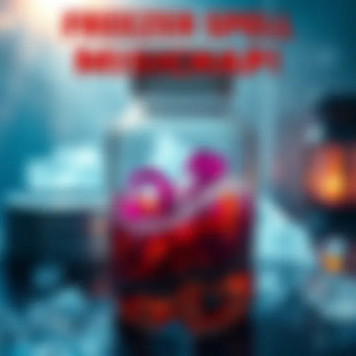 A jar with unusual contents and ice forming around it, showing signs of a failed spell in a freezer.