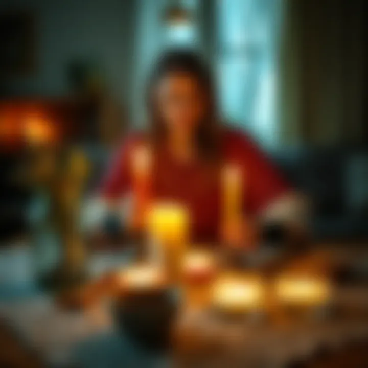 A woman preparing a freezer spell with candles and herbs on a table, symbolizing family tension resolution.