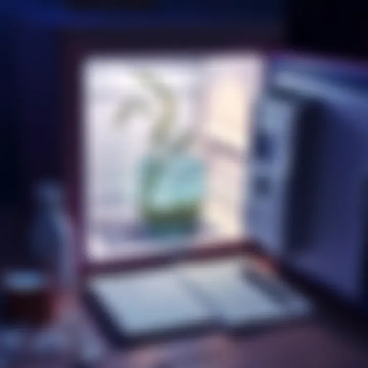 A small freezer holding a jar filled with water, ice, and herbs, symbolizing a freezer spell. A notebook lies nearby with notes about the spell.